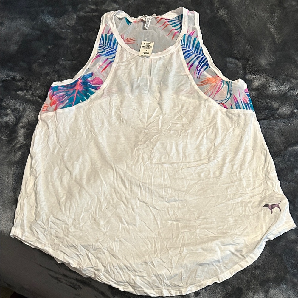 PINK Victoria's Secret White Tank with Colorful Leaf Design